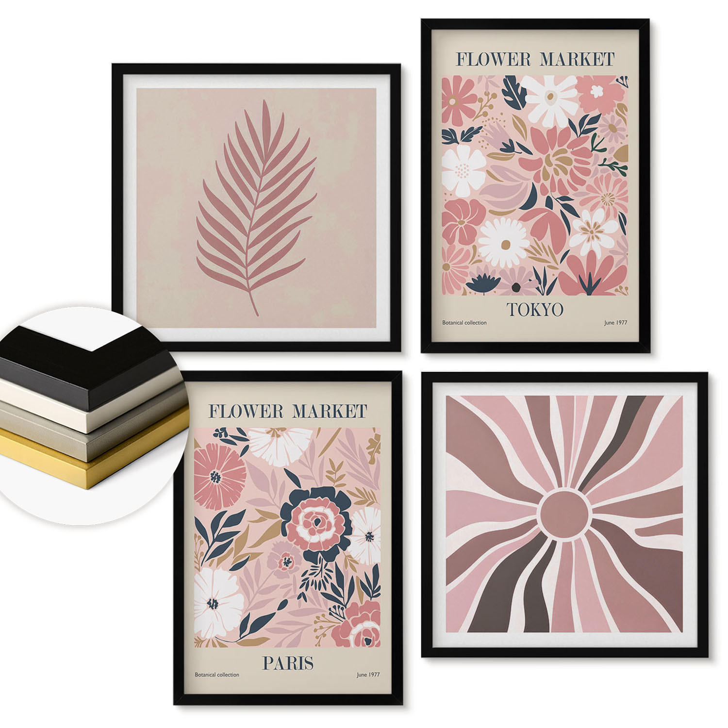 WANDBILDER 4er-Set - 50x50 cm & 40x60 cm Schwarzer Rahmen - Blumenmuster, Blätter, Geometrie - Schwarz, Kunststoff (50/50cm) - ArtPrintCave