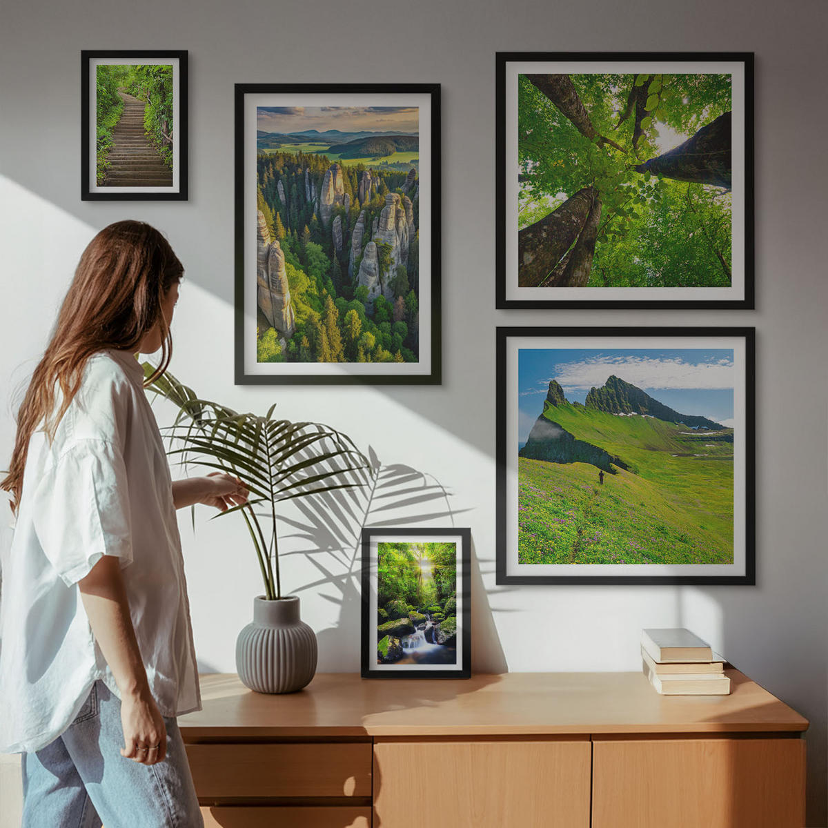 BILDER SET 5er Set - 50x50 cm & 20x30 cm & 40x60 cm Schwarzer Rahmen - Grüne Berge Wasserfallwald - Schwarz, Kunststoff (40/60cm) - TULUP