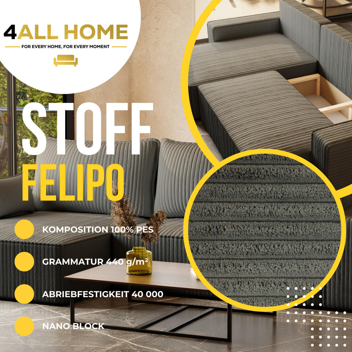 ECKSOFA Tobi mit Bettkasten und Schlaffunktion, L-Form/XL-Form, Cordstoff, Universal - Grau, Holzwerkstoff (276/145cm) - 4ALL HOME