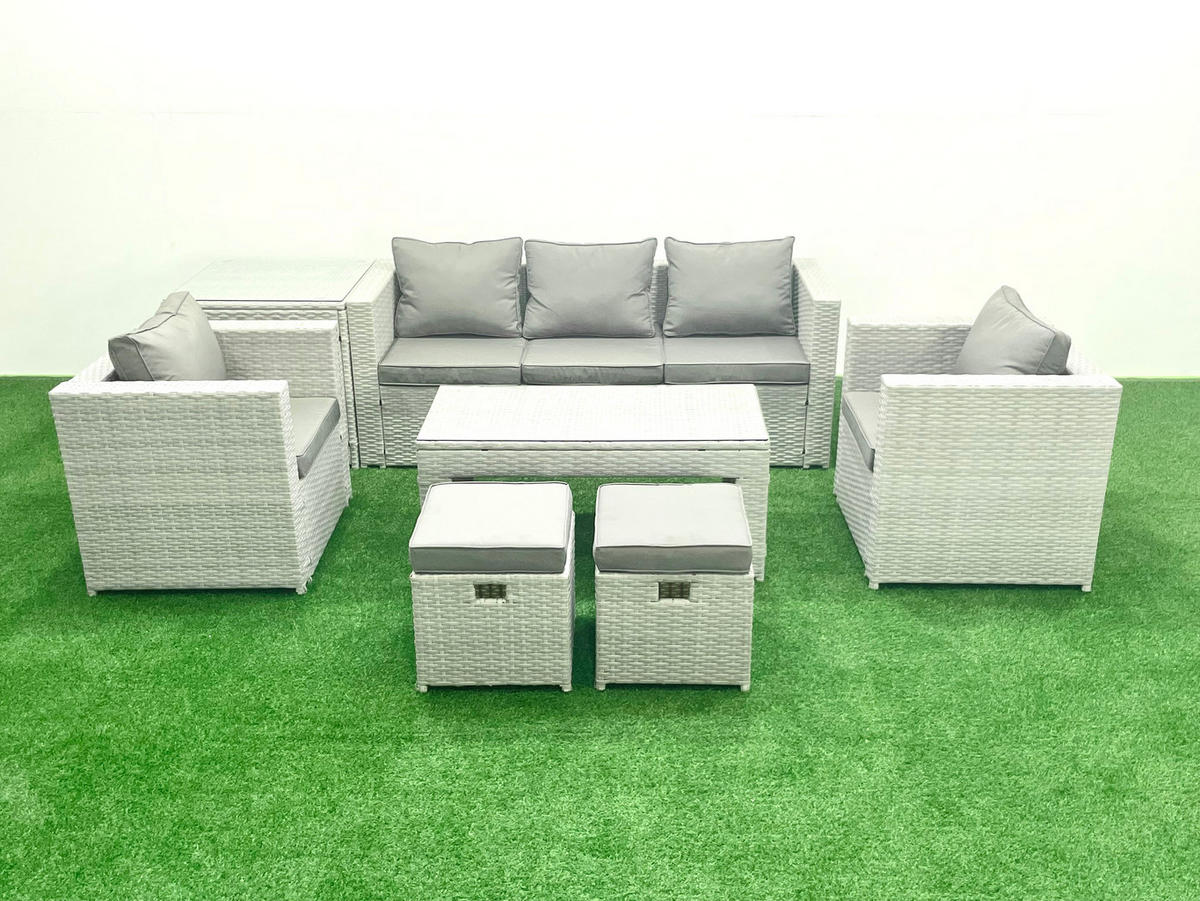 GARTENSET mit 3-SITZER SOFA,COUCHTISCH Polyrattan Hellgrau-Mix 7-Sitzer - Hellgrau/Grau, Glas/Kunststoff - Fimous