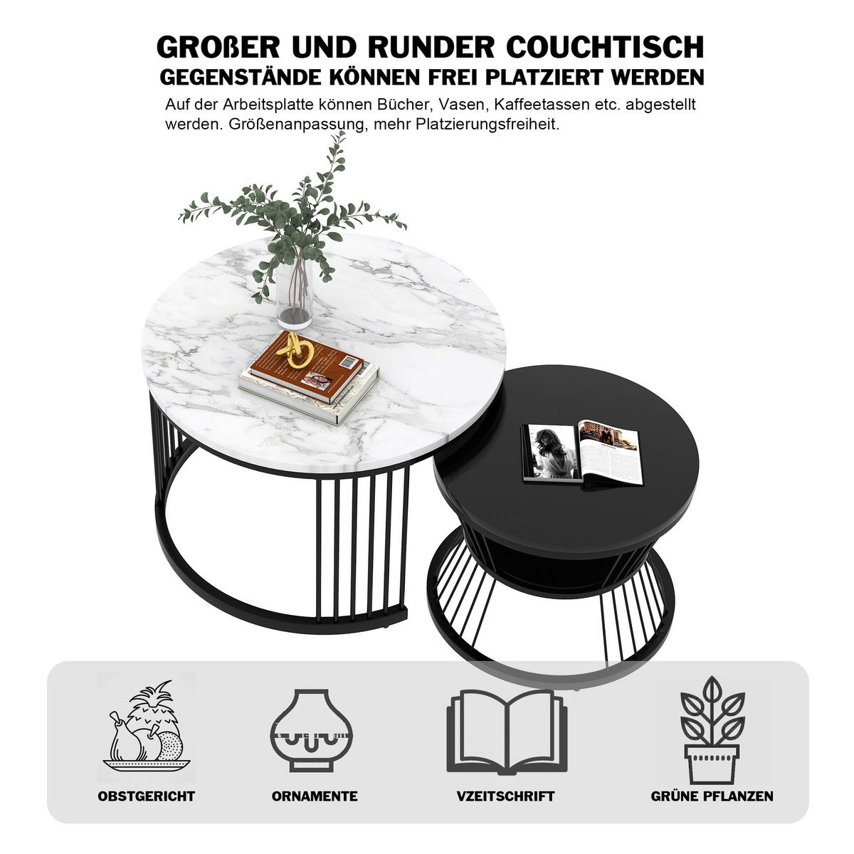 COUCHTISCHSET schwarz und weiß - Schwarz/Weiß, Holzwerkstoff/Metall (70/70/45.5cm) - Urban Meuble