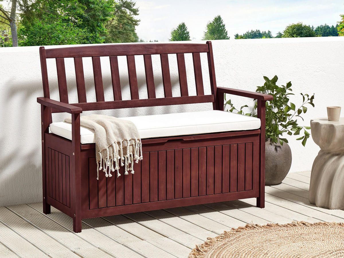GARTENBANK Akazienholz mahagonibraun mit Stauraum Auflage cremeweiß 120 cm Sovana - Rotbraun/Creme, Holz (120/91/60cm) - Beliani