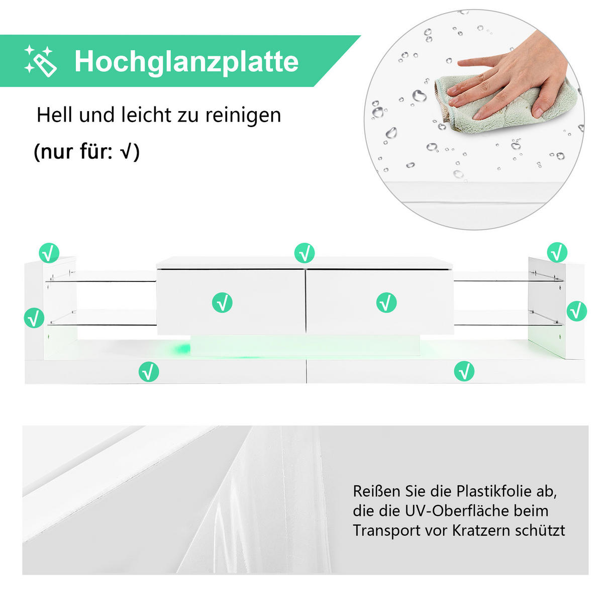 LOWBOARD 181/38/38 cm Weiß aus Spanplatte mit Hochglanzfront, Glasfront und LED-Beleuchtung - Weiß, Holzwerkstoff (38/38/181cm) - OKMYHOME
