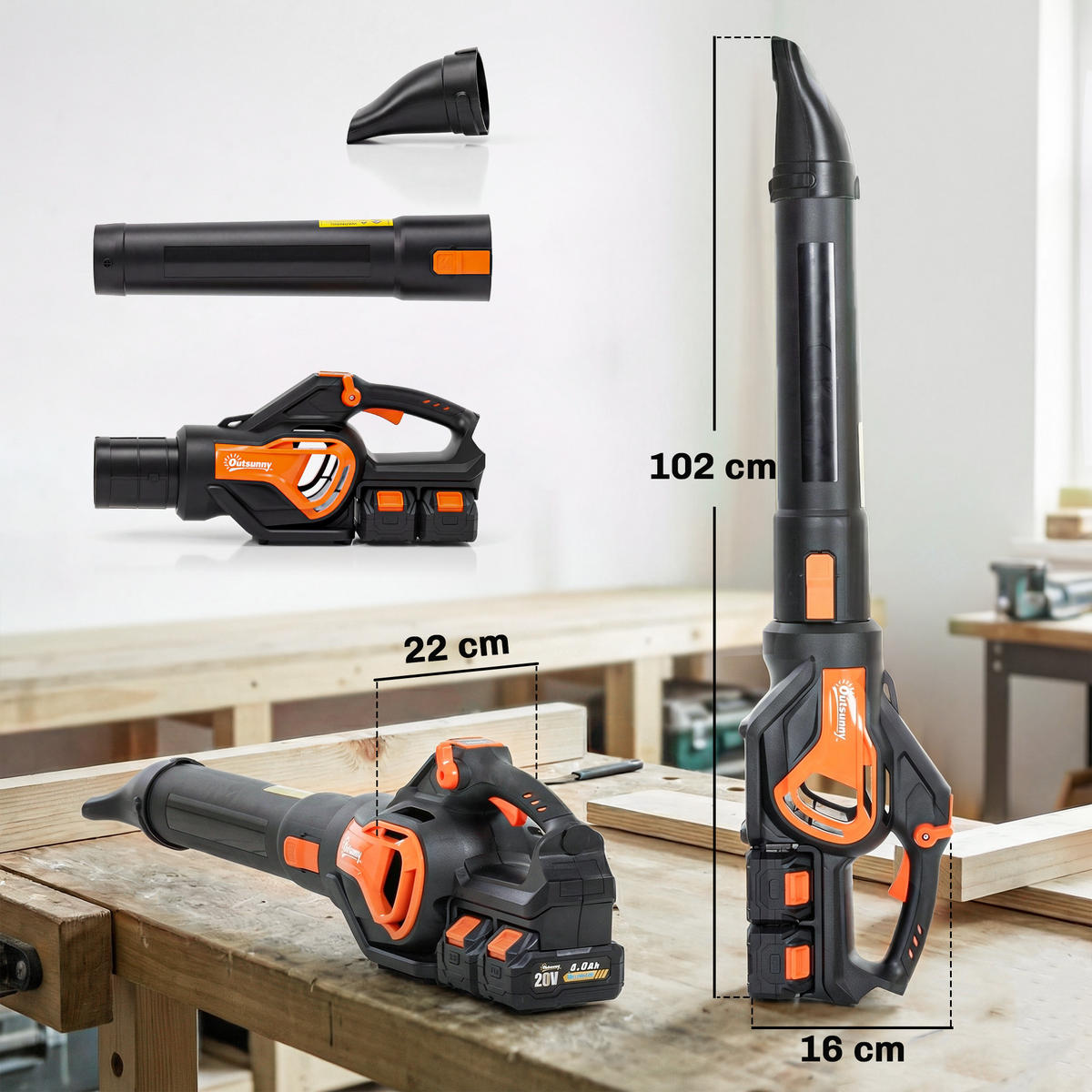 LAUBSAUGER mit Akku aus Kunststoff Orange Schwarz - Orange, Kunststoff (22/16/102cm) - Outsunny