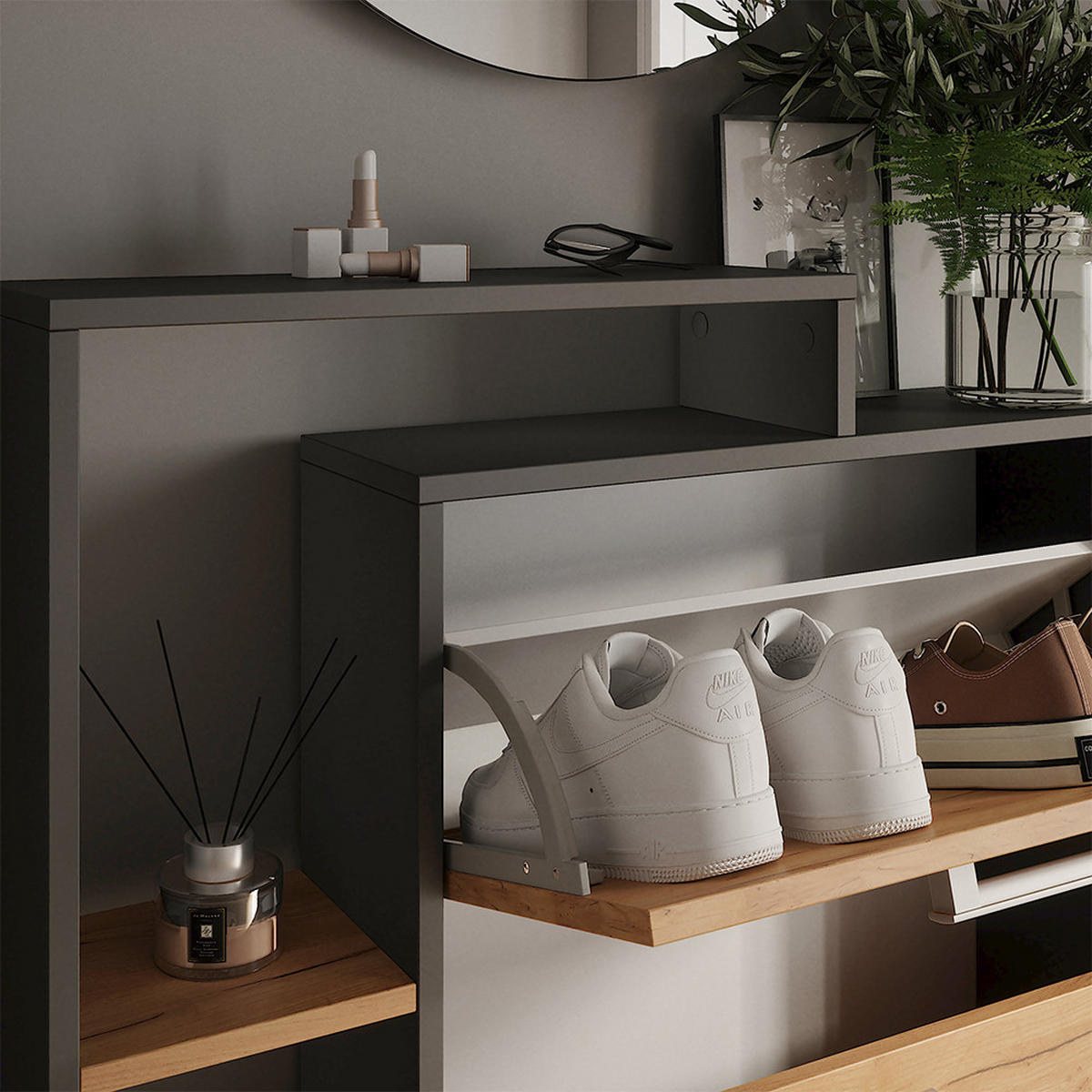 SCHUHKIPPER Orlando Goldkraft Eiche/Anthrazit 80 x 128.3 cm mit 3 Klappfächern - Honigeiche, Holzwerkstoff (80/128.3/18.2cm) - Vicco