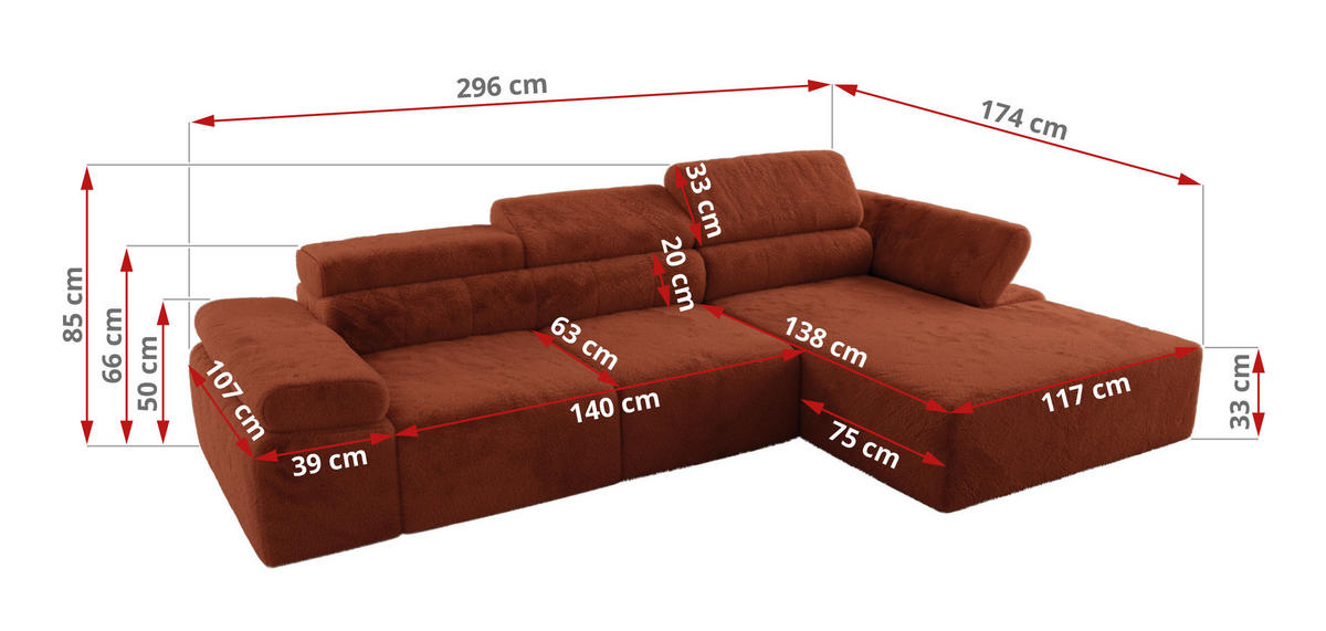 ECKSOFA RILASSO L Orange Plüsch - rechts - Schwarz/Orange, Kunststoff/Textil (174/296cm) - MKS