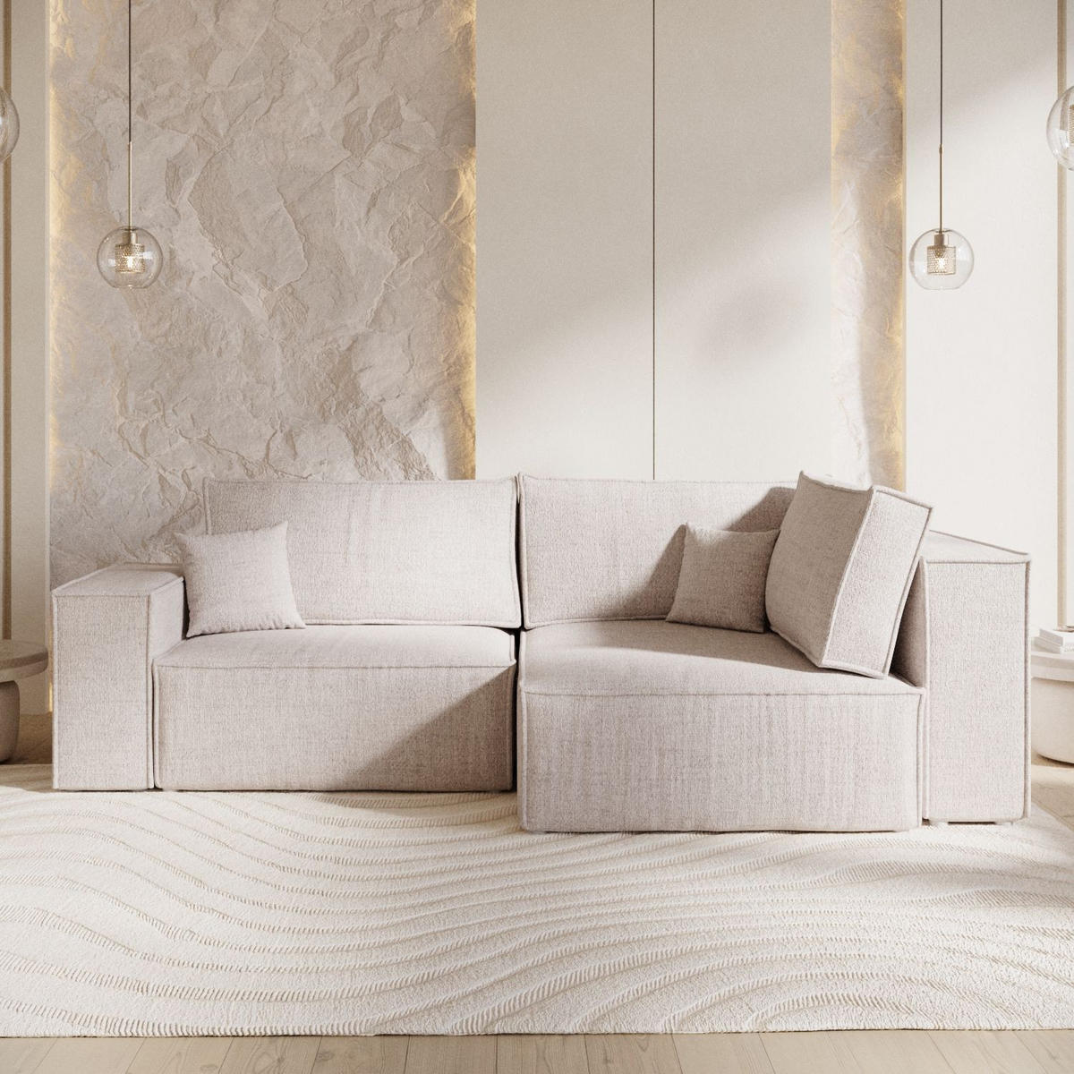 ECKSOFA AVION mit Schlaffunktion Hellbeige im Neve Stoff - Sandfarben/Schwarz, Holz/Holzwerkstoff (253/148cm) - AltaBeds