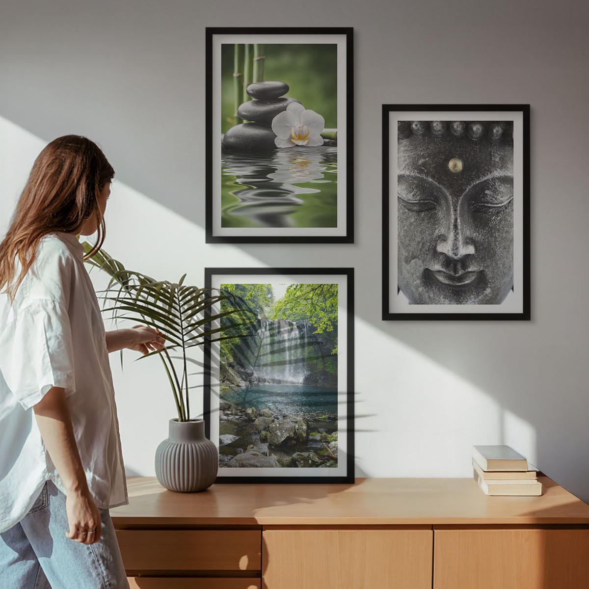 WANDBILDER 3er-Set - 40x60 cm Schwarzer Rahmen - Harmoniesteine Wasser Buddha - Schwarz, Kunststoff (40/60cm) - ArtPrintCave