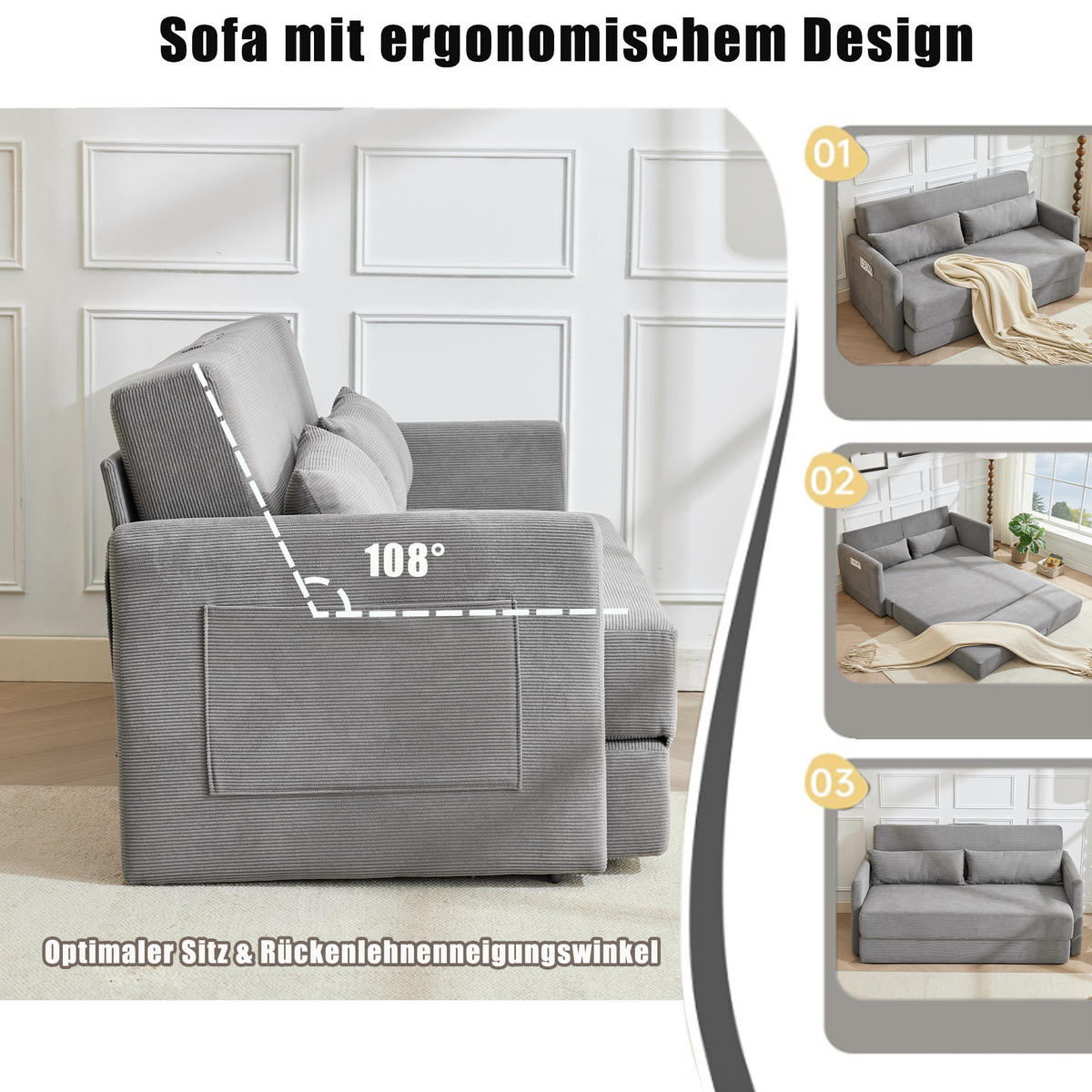 2-SITZER SOFABETT Cord Grau mit Kissen und Magazintaschen - Grau, Holzwerkstoff/Textil (165/67/212cm) - WISHDOR