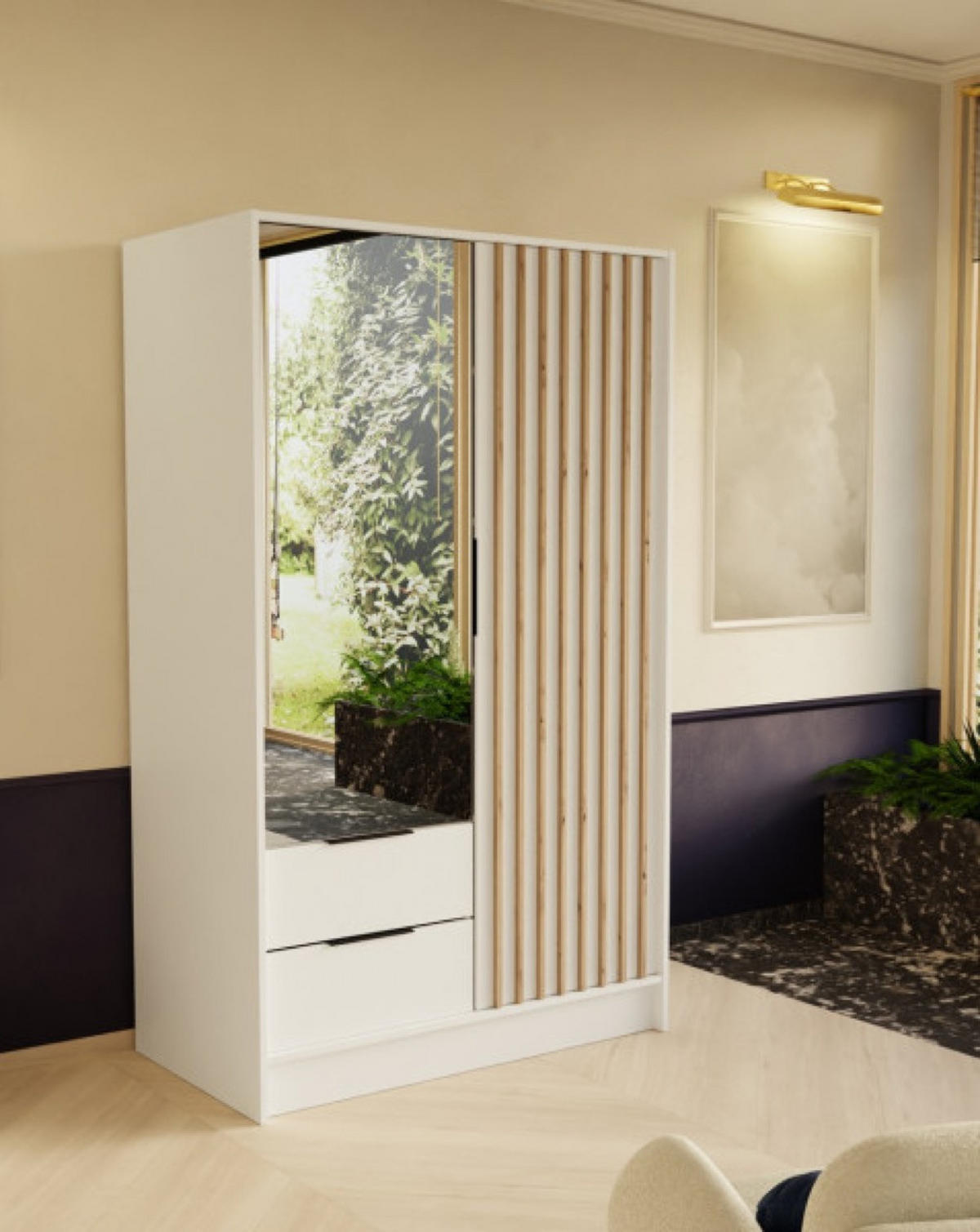 SCHRANK Weiß ORE 102 Mit Lamellen Und Spiegel Craft Gold - Eichefarben/Goldfarben, Holzwerkstoff (102/200/51cm) - Sepro Meble