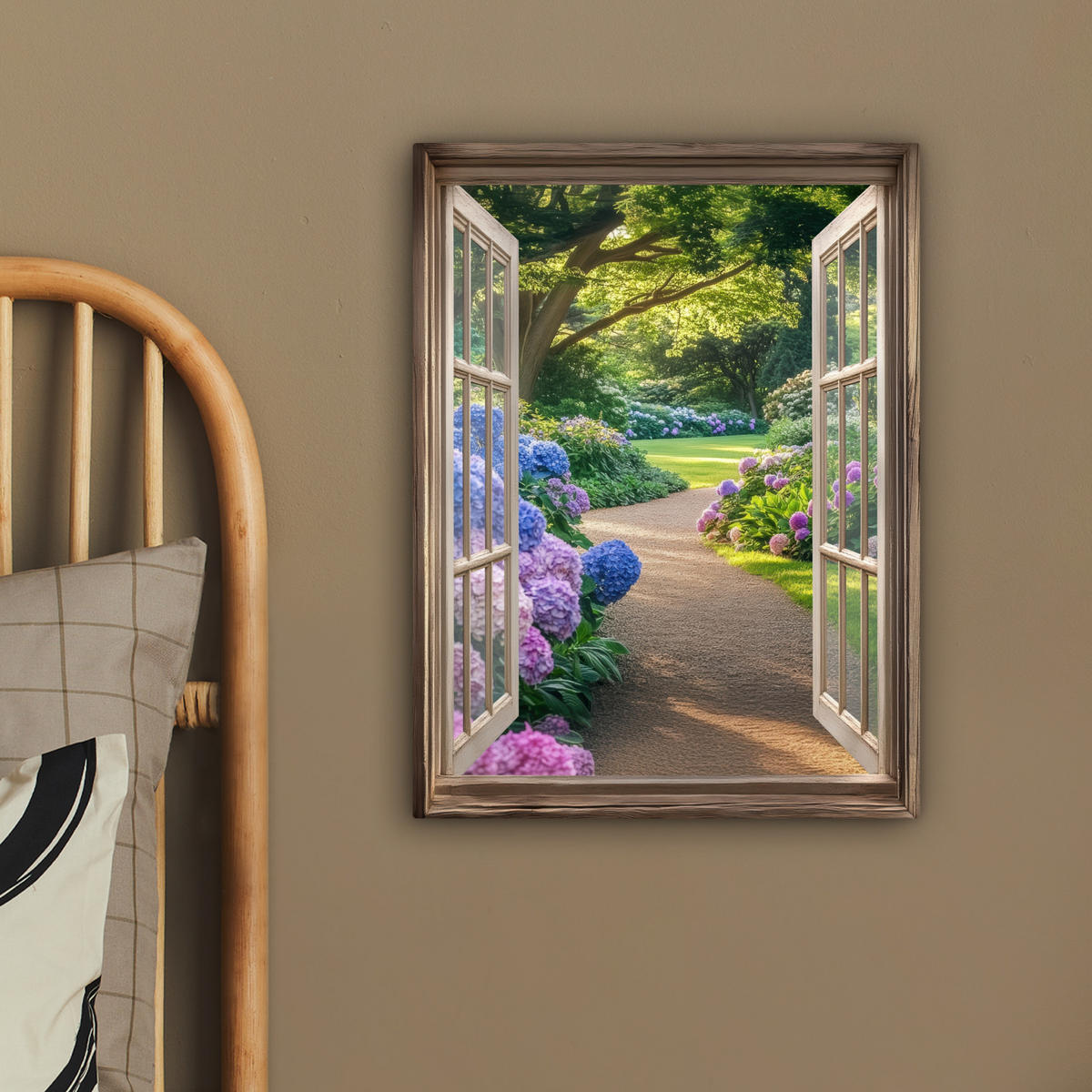 LEINWANDBILD Aussicht - Garten - Fenster - Hortensie - Blumen 30x40 cm - Pastellblau, Textil (30/40cm) - MuchoWow