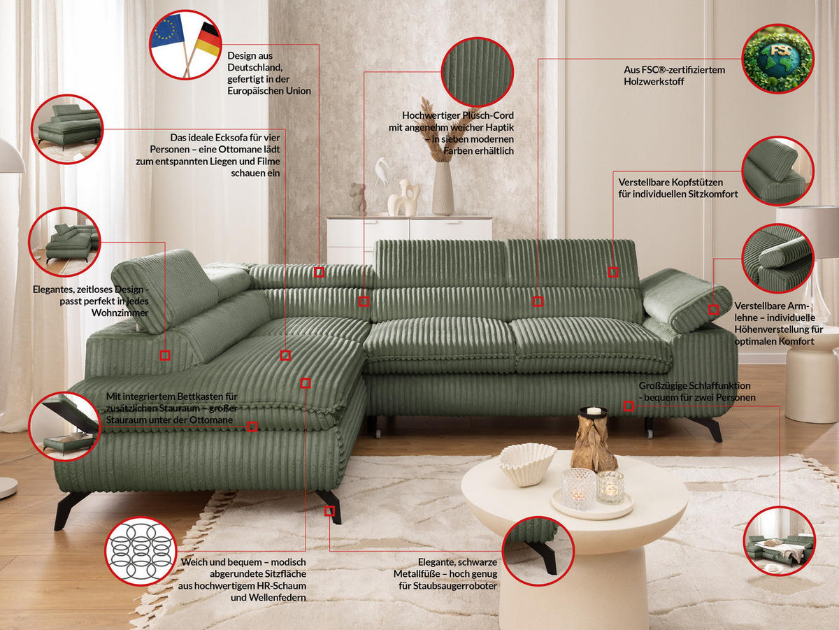 ECKSOFA mit Schlaffunktion und Bettkasten Bonnie aus Olive Cord-Stoff mit verstellbaren Kopfstützen und Armlehne - Ottomane links - Schwarz/Hellgrün, Holz/Textil (275/210cm) - S-Style Möbel