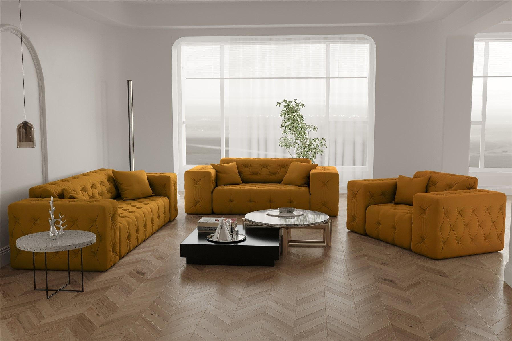 SOFASET Chantal - Dunkelgelb, Holzwerkstoff/Textil (251/78/96cm) - Fun Möbel