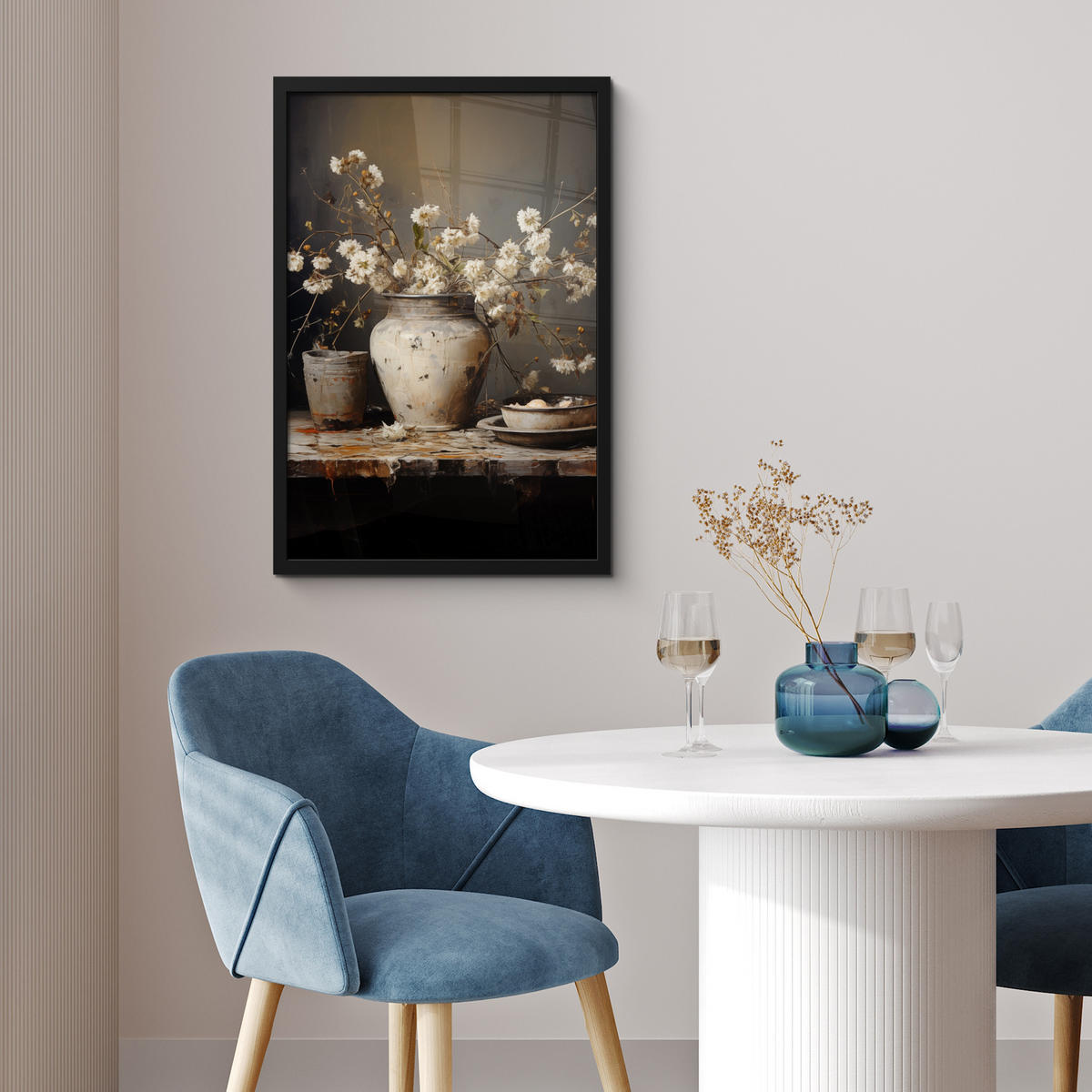 GERAHMTES BILD Stilleben - Blumen - Blumenstrauß - Vase - Wein 40x60 cm - Schwarz, Papier (40/60cm) - MuchoWow