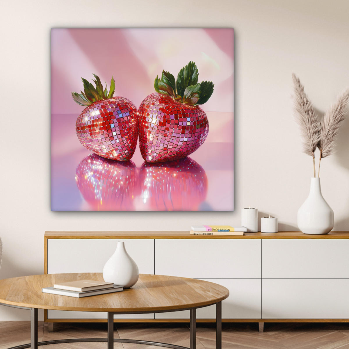 LEINWANDBILD Disco - Obst - Glitzer - Erdbeere 90x90 cm - Pink, Textil (90/90cm) - MuchoWow