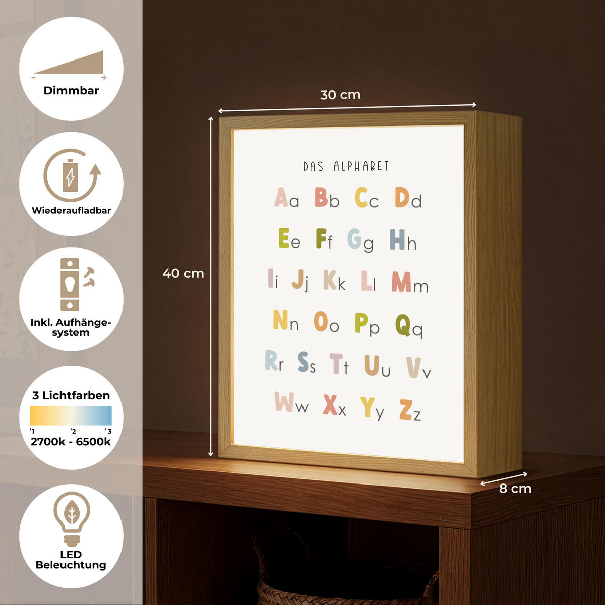 NACHTTISCHLAMPE MIT AKKU Pädagogisch - Alphabet lernen - Farbenfroh - Weiß - Buchstaben 30x40 cm - Weiß, Holzwerkstoff (8/30/40cm) - OnlyWow