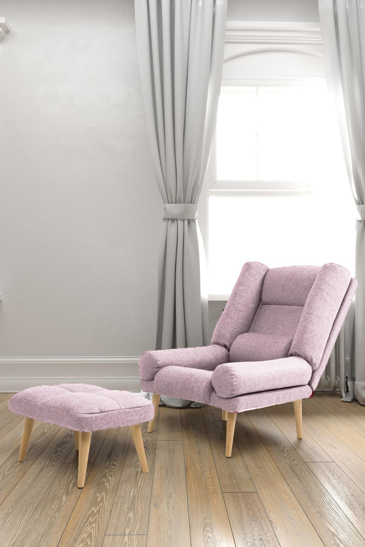 SESSEL Lola mit Fußhocker Rückenlehne 5-stufig einstellbar, puderrosa - Hellrosa, Holz/Kunststoff (75/100/60cm) - Margaret Hadas24