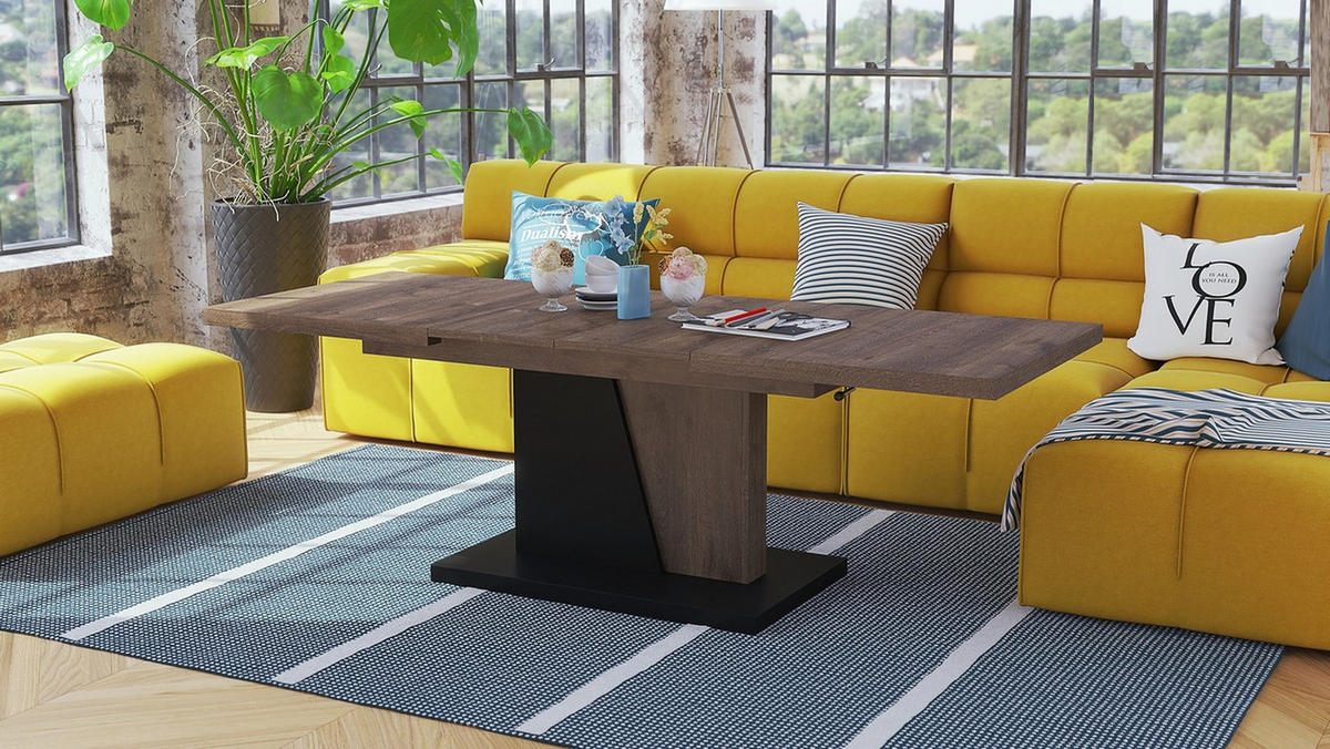COUCHTISCH rechteckig Eiche dunkel - Schwarz ausziehbar höhenverstellbar - Eichefarben/Schwarz, Holzwerkstoff (70/120/60cm) - designimpex