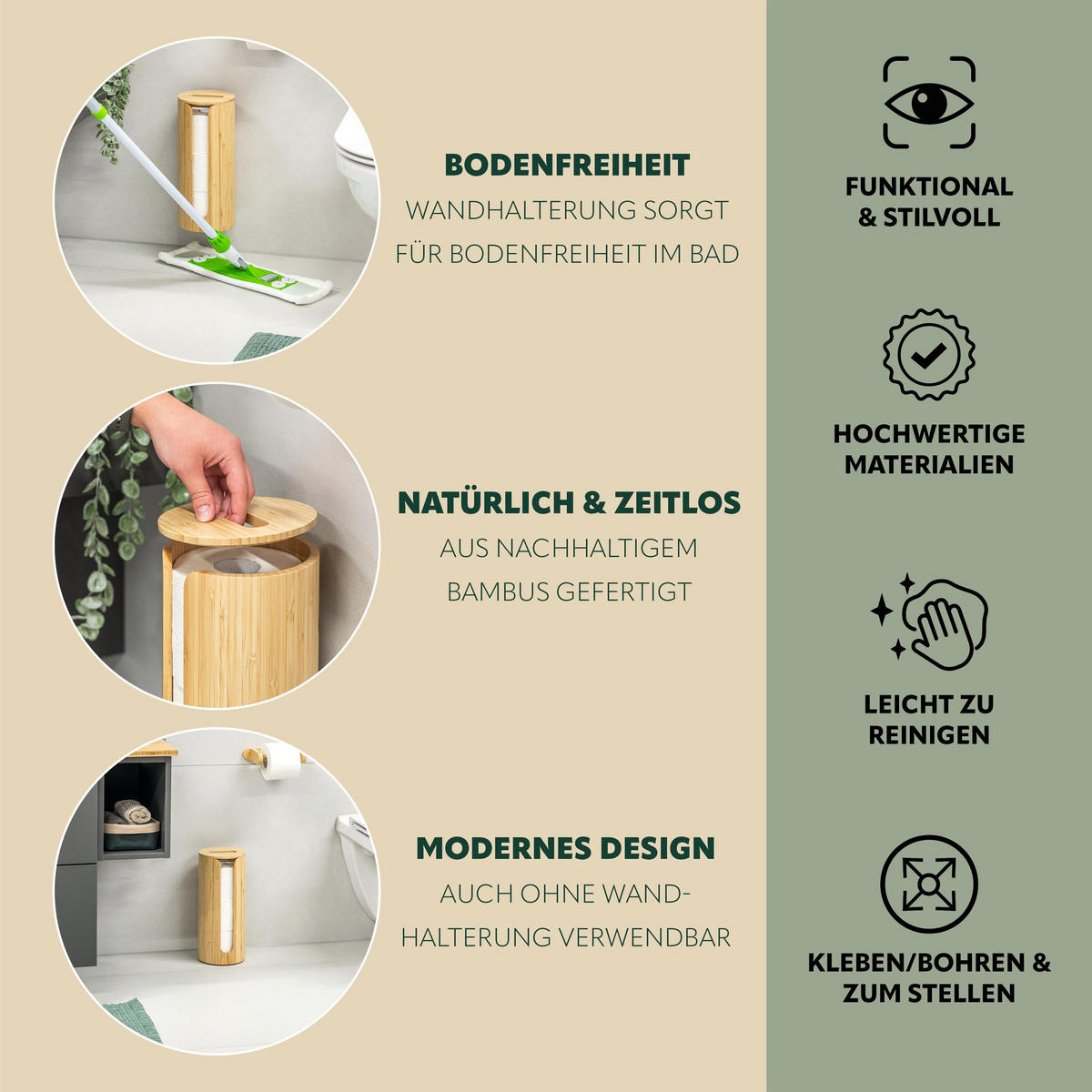 TOILETTENPAPIERAUFBEWAHRUNG, für 3 Rollen, Bambus - Braun, Holz (14.5/34/14.5cm) - eluno