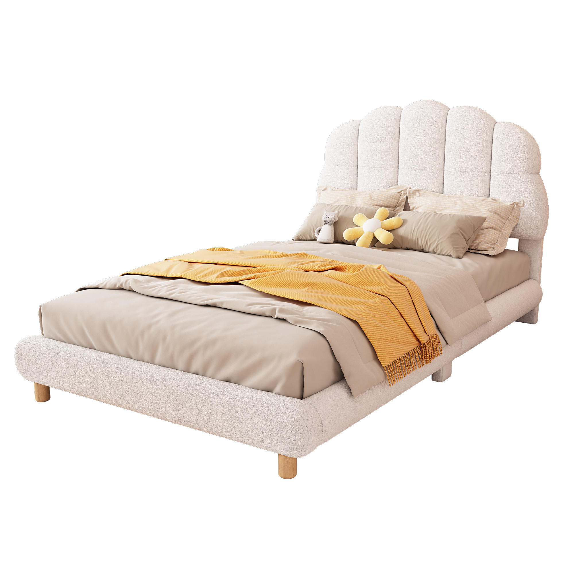 KINDERBETT aus Plüsch und MDF 90x200 cm Weiß mit blumenförmigem Kopfteil und Lattenrost - Weiß, Textil (90/200cm) - Modfu