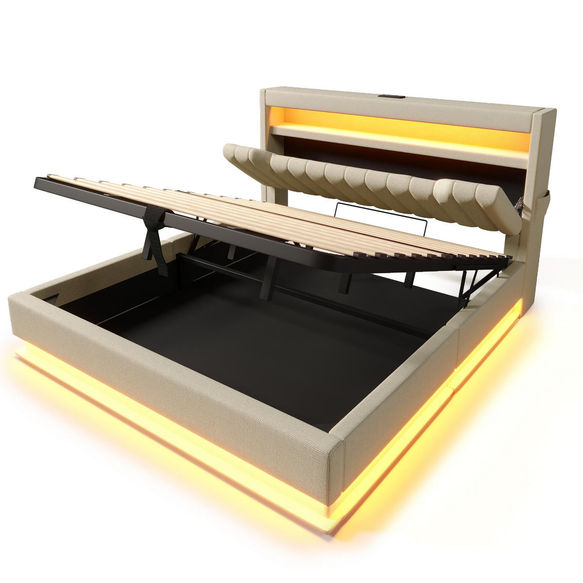 POLSTERBETT 140/200 cm Beige mit Stauraum und LED-Beleuchtung - Beige, Textil (140/200cm) - OKWISH
