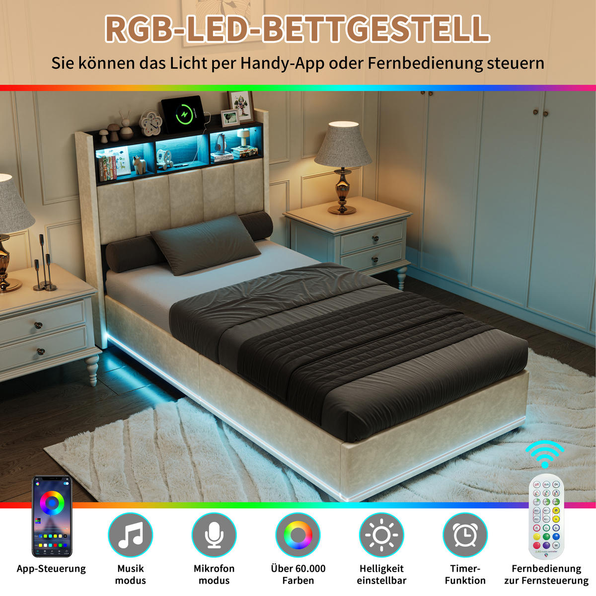 POLSTERBETT 90x200 cm Samt mit LED Kopfteil, Lattenrost und USB Typ-C Funktion - Weiß, Holzwerkstoff (90/200cm) - Novahome