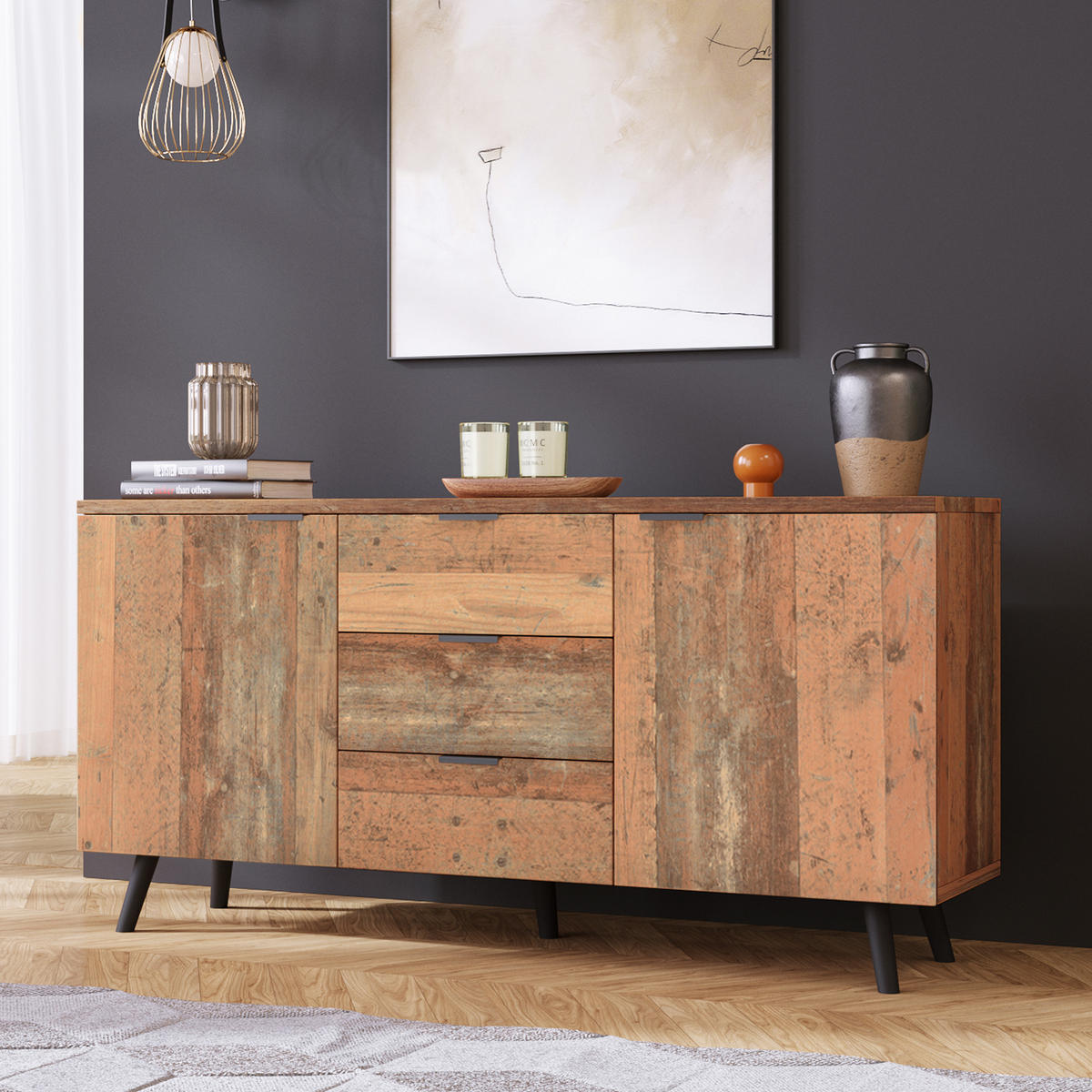SIDEBOARD DE-37468 140/35/70 cm mit verstellbaren Regalen Vintage Braun - Braun, Holzwerkstoff (140/70/35cm) - ComfortXL