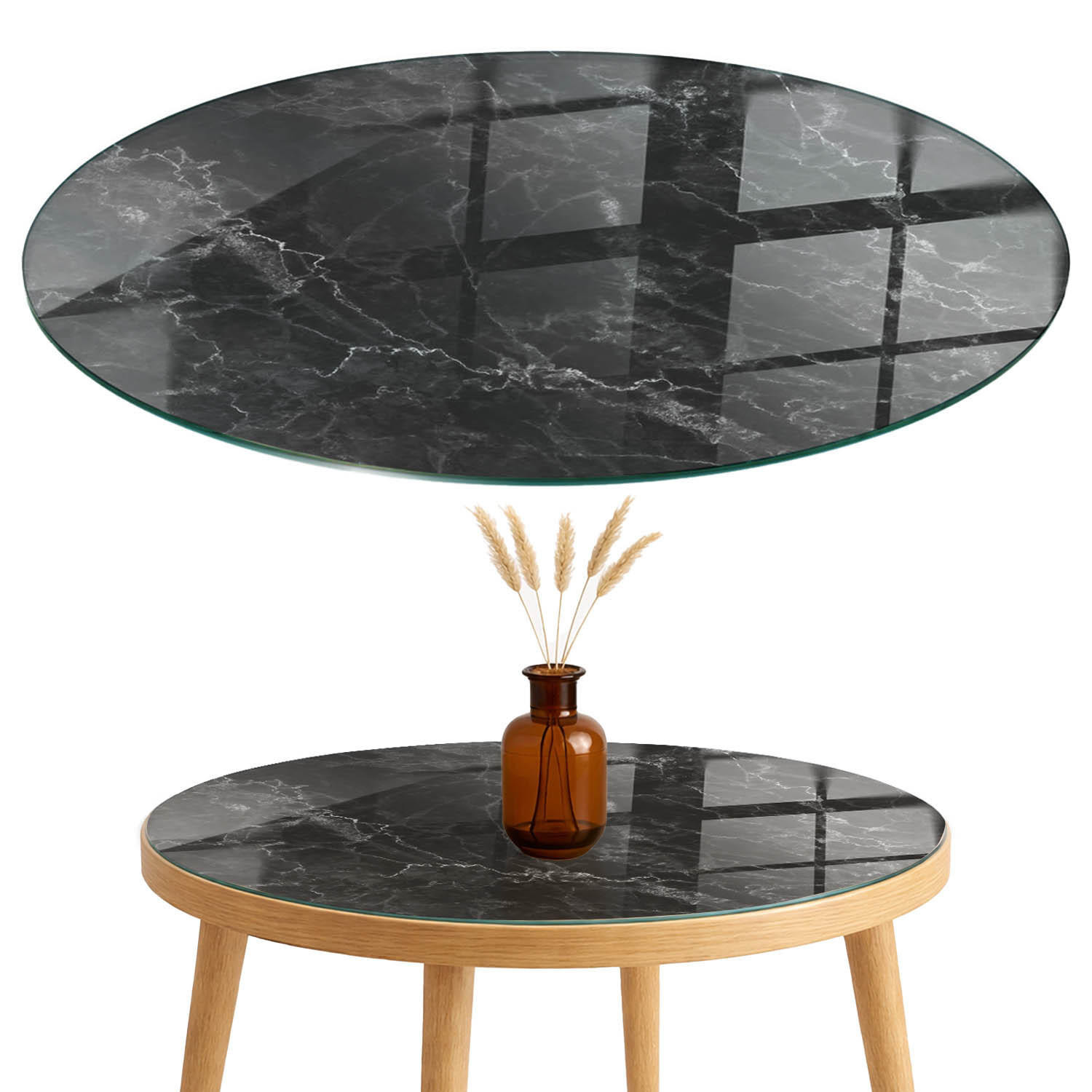 TISCHPLATTE fi60 cm Marmormuster mit Adern - Schwarz, Glas (60/60/0.4cm) - TULUP