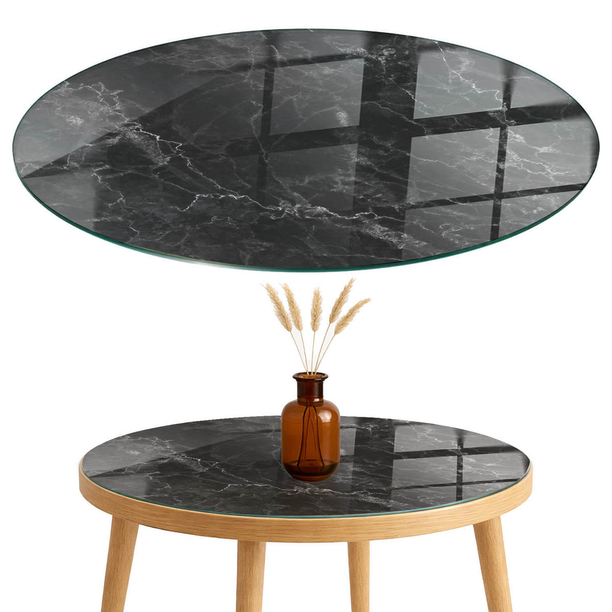 TISCHPLATTE fi80 cm Marmormuster mit Adern - Schwarz, Glas (80/80/0.4cm) - TULUP