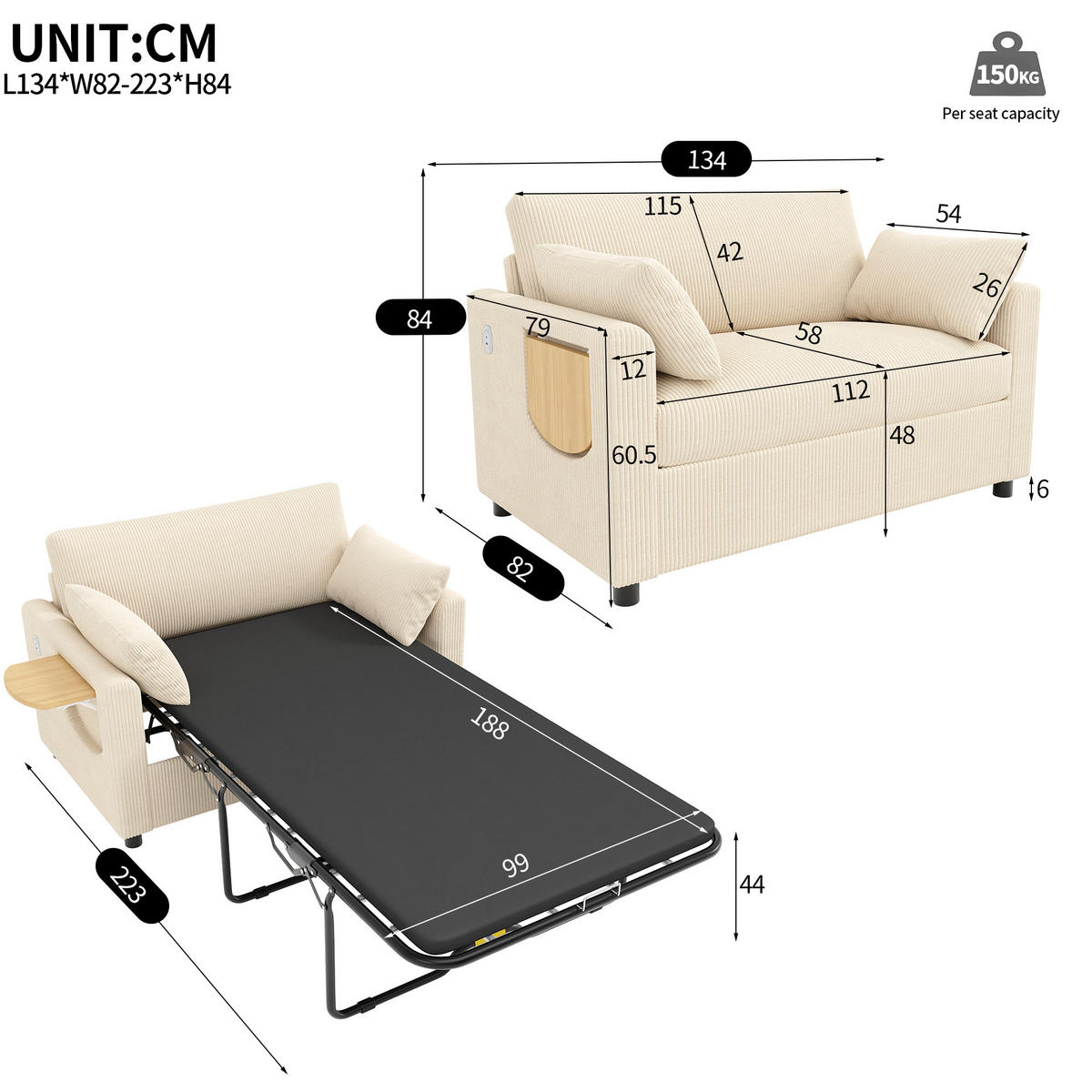 SCHLAFSOFA 2-Sitzer ausziehbar mit USB und Seitentisch, Beige - Beige, Textil (134/84/82cm)