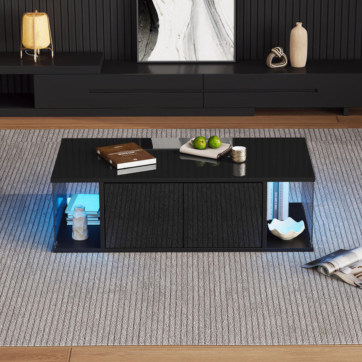 COUCHTISCH 100x50cm Schwarz Hochglanz Hartglas LED 2 Schränke Schlicht - Schwarz, Holz (111.68/58.98/13.49cm) - FLIEKS