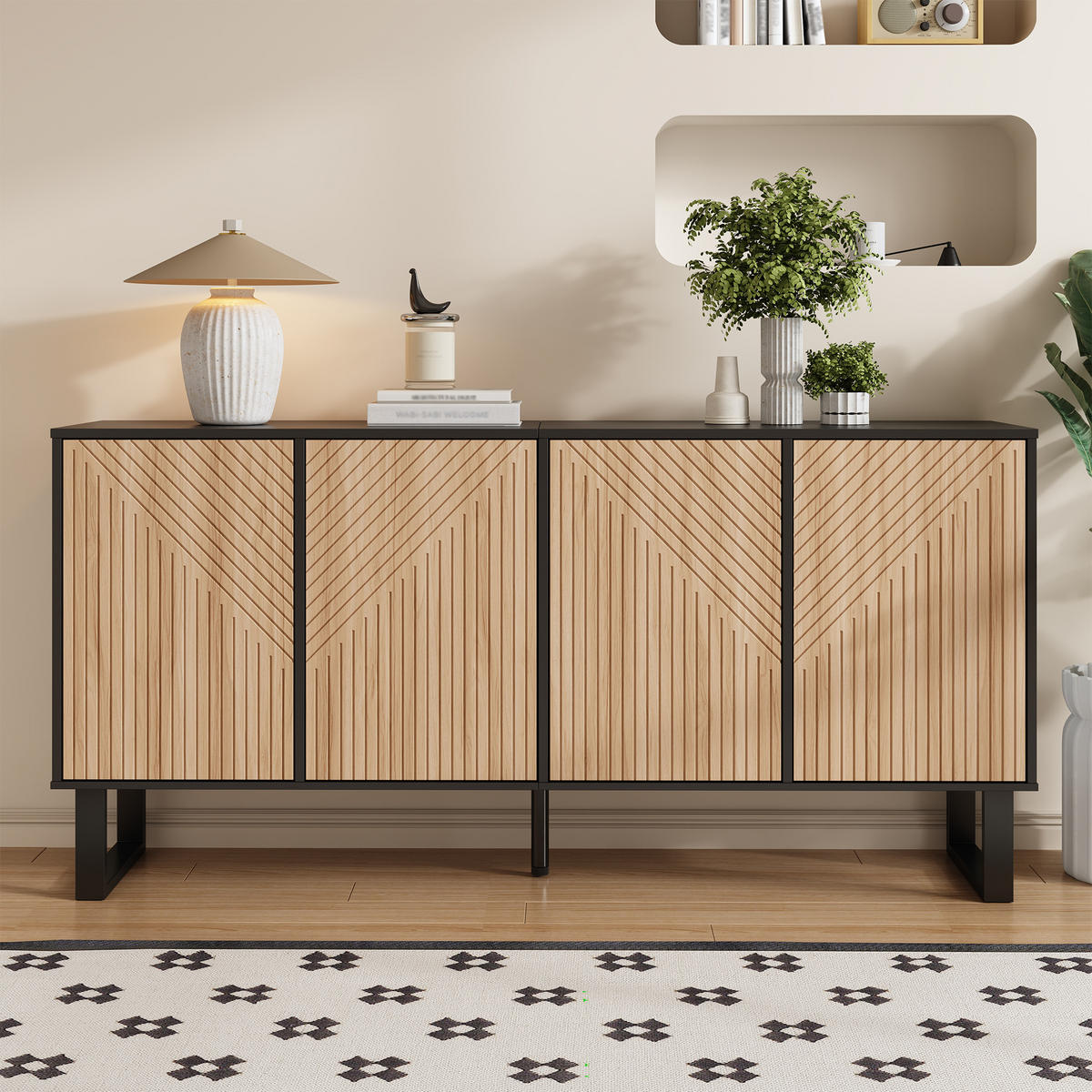 SIDEBOARD Schwarz Holzmaserung 3D-Streifen Extra Stauraum - Schwarz, Holzwerkstoff (38/75/160cm) - FLIEKS