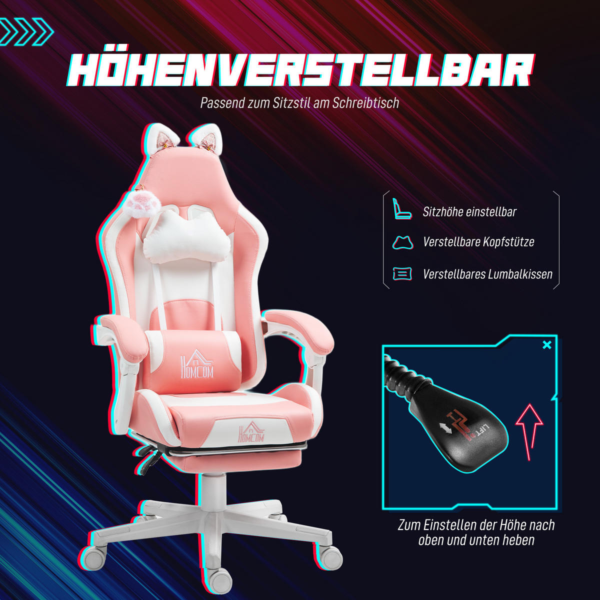 GAMING Stuhl mit Katzenohren, Lendenwirbelstütze, Fußstütze, Kopfkissen, höhenverstellbar, Liegefunktion Rosa-Weiß - Rosa, Leder (62/116/65cm) - BRILVERDE