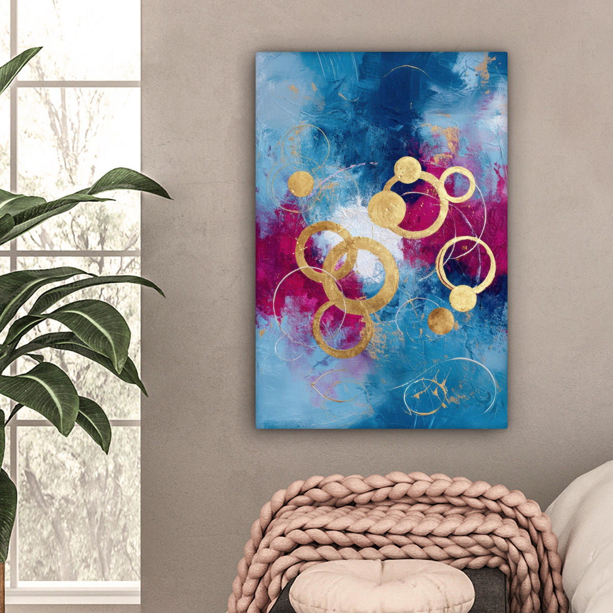LEINWANDBILD Kreise - Gold - Abstrakt Wanddeko Schlafzimmer 60x90 cm - Blau, Textil (60/90cm) - MuchoWow