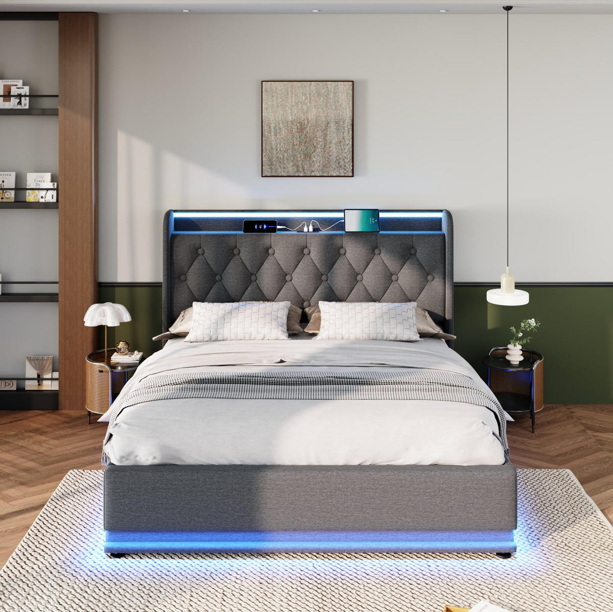 ČALÚNENÁ posteľ 180/200 cm z ľanu sivá s LED osvetlením, USB-C a úložným priestorom - sivá, textil (180/200cm) - BEAOK