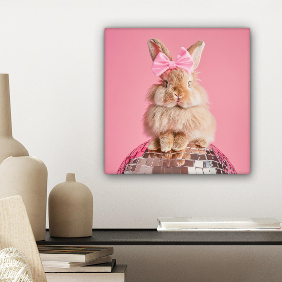 LEINWANDBILD Schleife - Discoball - Kaninchen Deko Wohnzimmer 20x20 cm - Pink, Textil (20/20cm) - MuchoWow