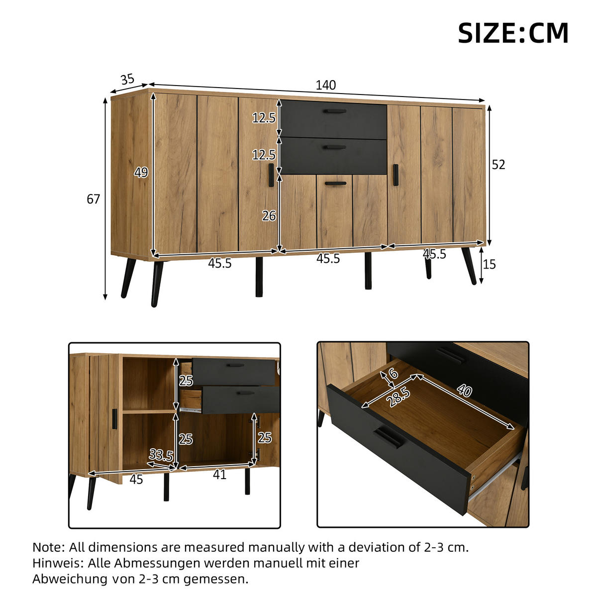 KUCHYŇSKÁ SKŘÍŇ v černé a přírodní barvě se 2 zásuvkami a 3 dvířky do obývacího pokoje, 140×35×67 cm - přírodní/černá, kompozitní dřevo (140/67/35cm) - STILVORA