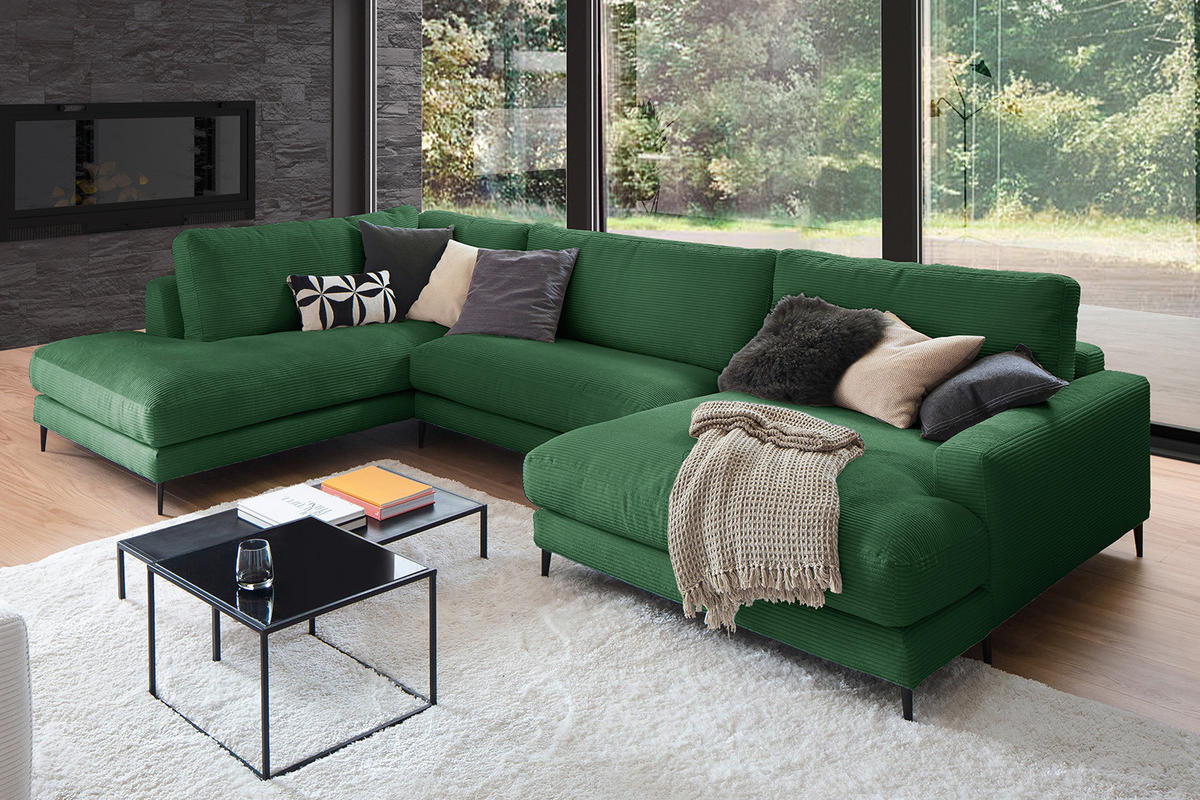 WOHNLANDSCHAFT CARA Smaragdgrün Cord - Smaragdgrün/Schwarz, Textil (341/84/223cm) - KAWOLA