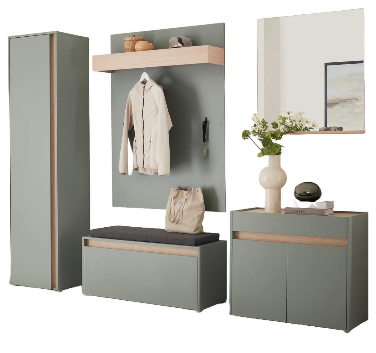 GARDEROBEN-SET Salbei grün, Barista Eiche 6-teilig, Garderobenkombination 260 cm Center - Salbeigrün/Eichefarben, Glas/Holz (260/200/40cm) - Furn.Design