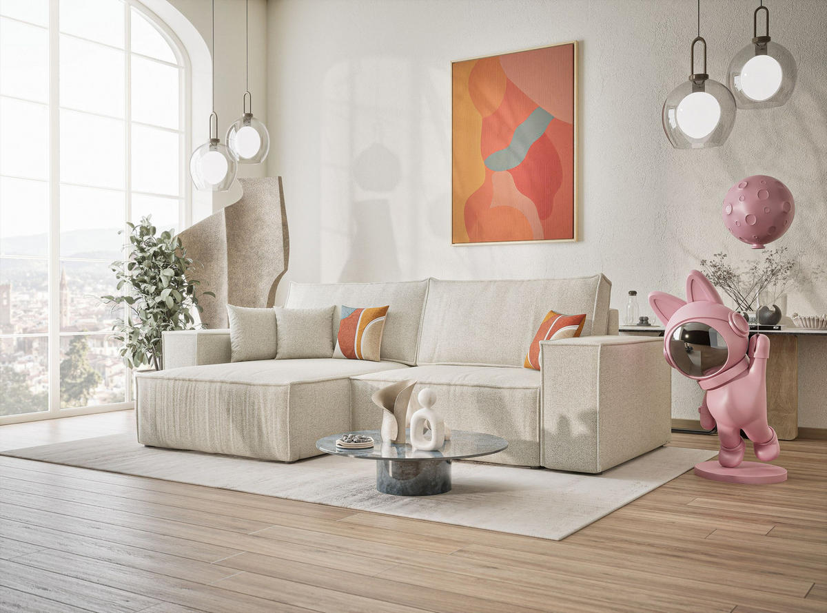 ECKSOFA MIT SCHLAFFUNKTION Zaya Creme Webstoff - Creme/Schwarz, Holz/Holzwerkstoff (255/148cm) - Maison de Reve