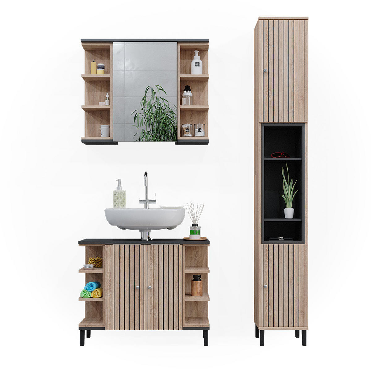 BADMÖBEL-SET Aquis Sonoma 3 Teile, mit Hochschrank - Anthrazit/Sonoma Eiche, Holzwerkstoff (79.6/64/32cm) - Vicco