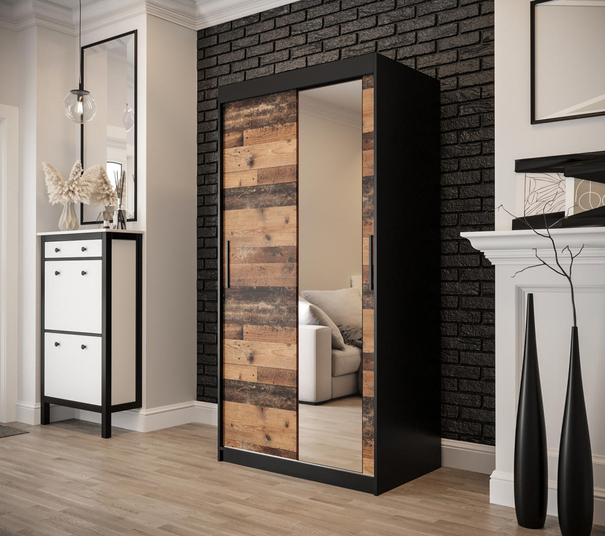 SCHWEBETÜRENSCHRANK 200/100/62 2-türig - Eichefarben/Schwarz, Holz/Kunststoff (100/200/62cm) - MÖBEL KRYSPOL