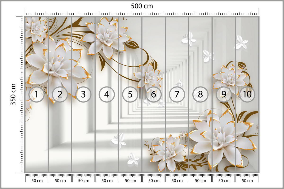 FOTOTAPETE für Wohnzimmer Abstrakter Blumen Tunnel Schmetterlinge 500x350 - Beige/Orange, Papier (500/350cm) - Muralo