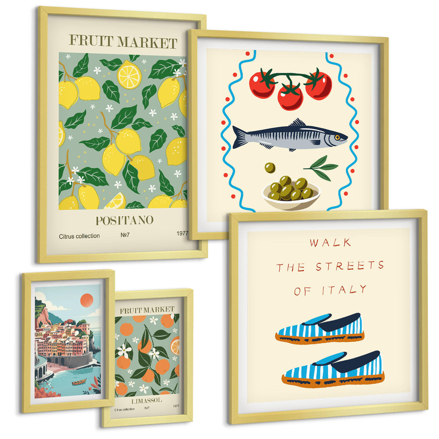 BILDER SET 5er Set - 50x50 cm & 20x30 cm & 40x60 cm Goldrahmen - Italienische Poster mit Fruchtmotiven - Goldfarben, Kunststoff (40/60cm) - TULUP