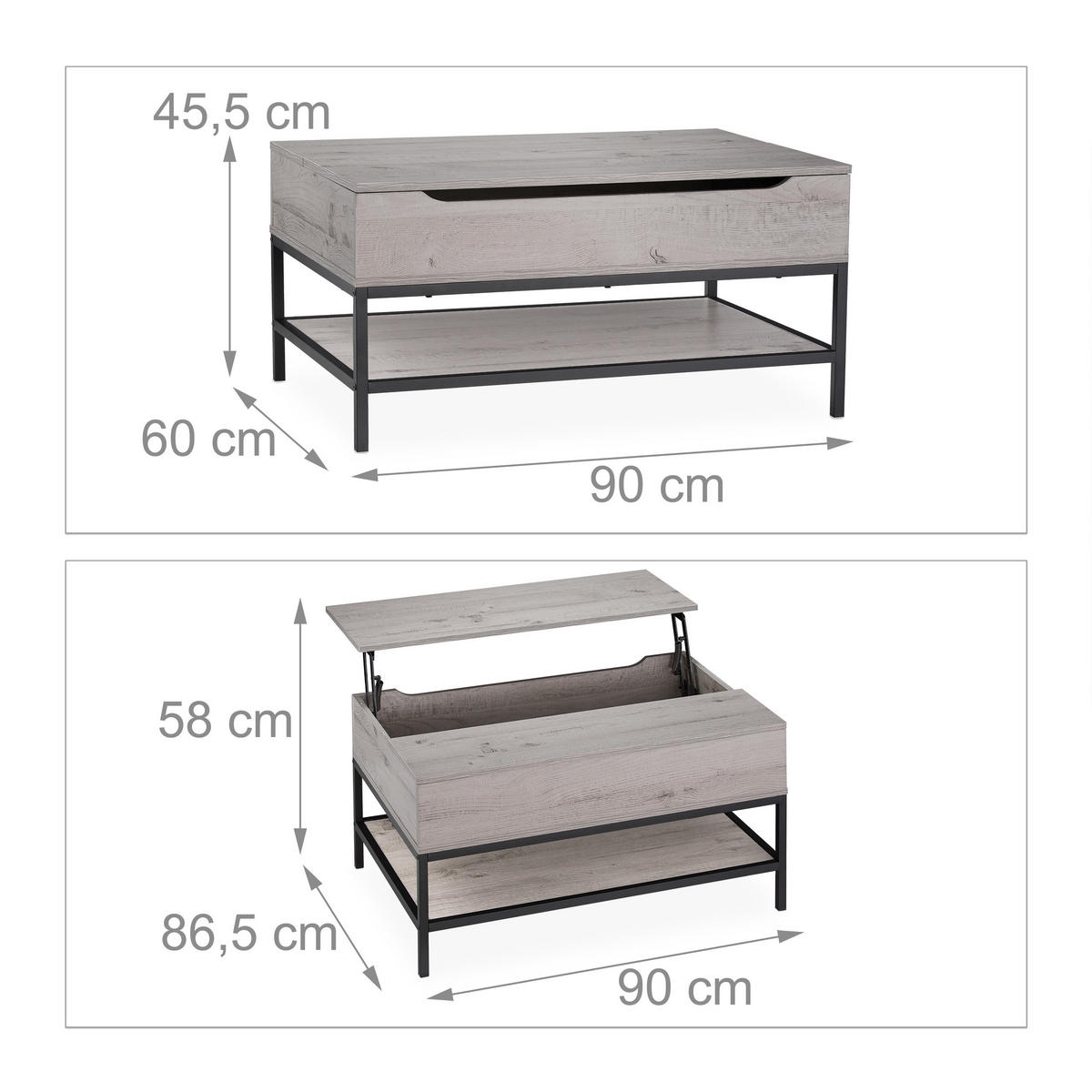 COUCHTISCH - Grau, Holzwerkstoff/Metall (86.5/90/58cm) - Relaxdays
