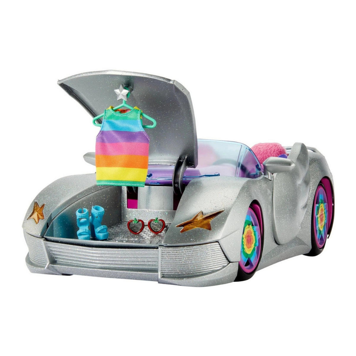 SPIELAUTO HDJ47 Cabrio Silber Barbie Fahrzeugset, Spielzeugauto, Barbie Auto, Cabrio Spielzeug, Kinder Fahrzeug, Rollenspiel, Glamour Auto - Pink/Silberfarben, Kunststoff (35/22/15cm) - Barbie