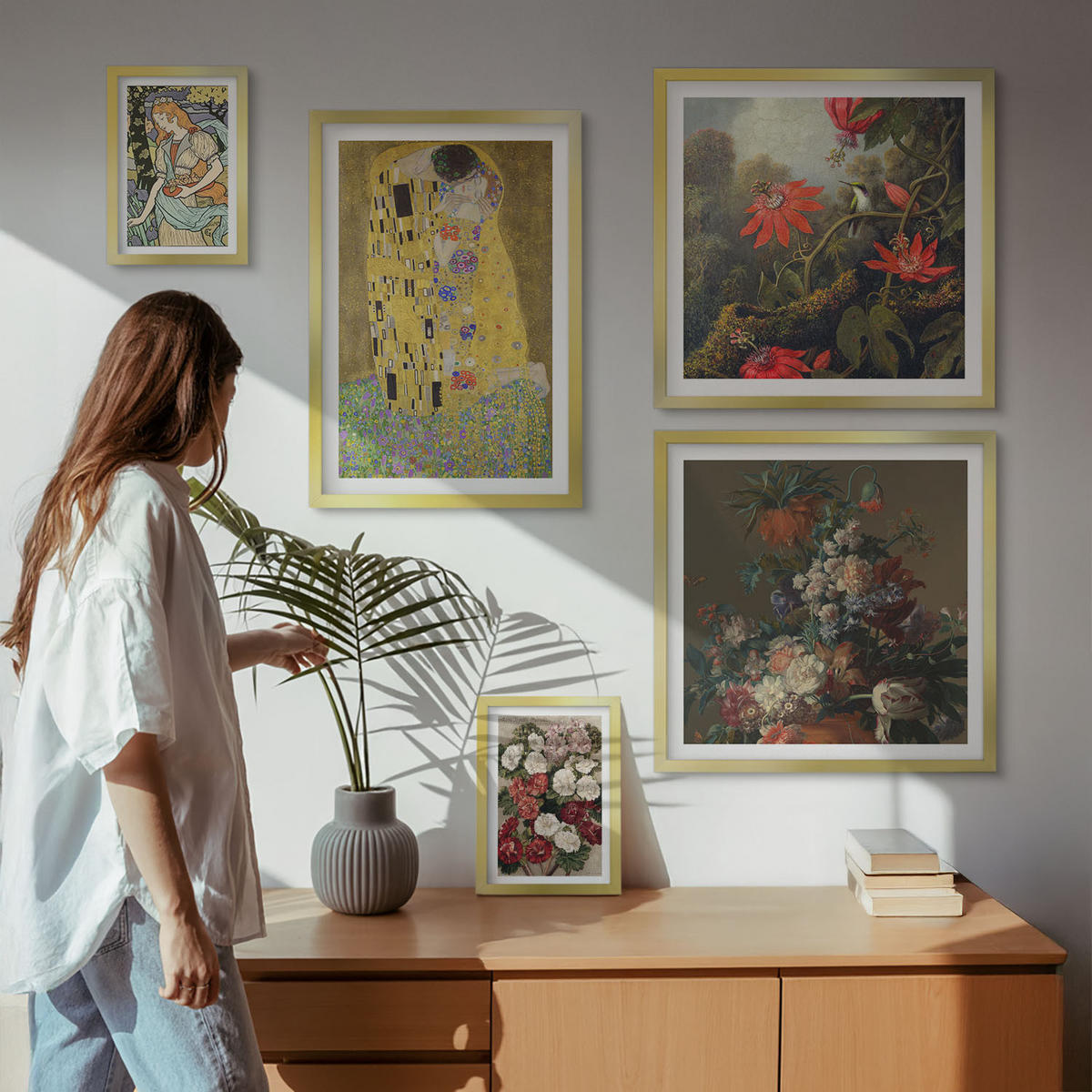BILDER SET 5er Set - 50x50 cm & 20x30 cm & 40x60 cm Goldrahmen - Blumen des Baumes (Gemälde von Klimt) - Goldfarben, Kunststoff (40/60cm) - TULUP