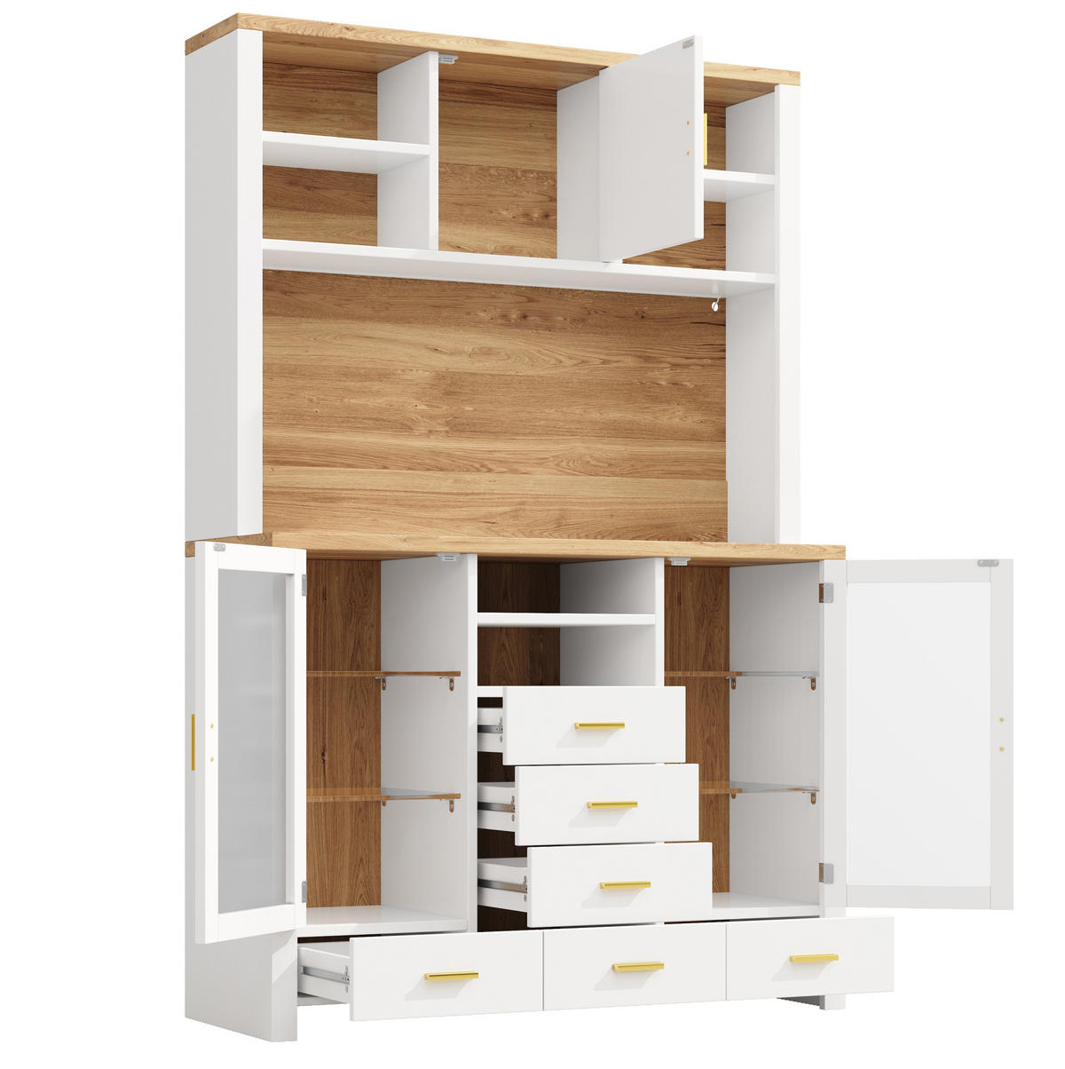 BUFFET 120/40/188 cm aus MDF und Glas mit LED-Lichtleiste Weiß mit Holzdekor - Weiß, Holzwerkstoff (120/188/40cm) - Modenvie