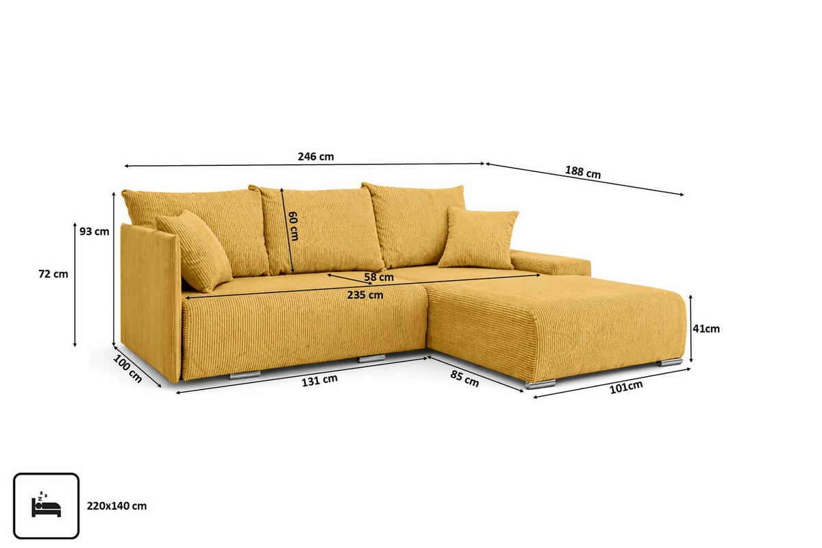 ECKSOFA L-Form Schlaffunktion Livorno Cord-Stoff Gelb Rechts - Chromfarben/Gelb, Holz/Kunststoff (246/188cm) - Kaiser Möbel