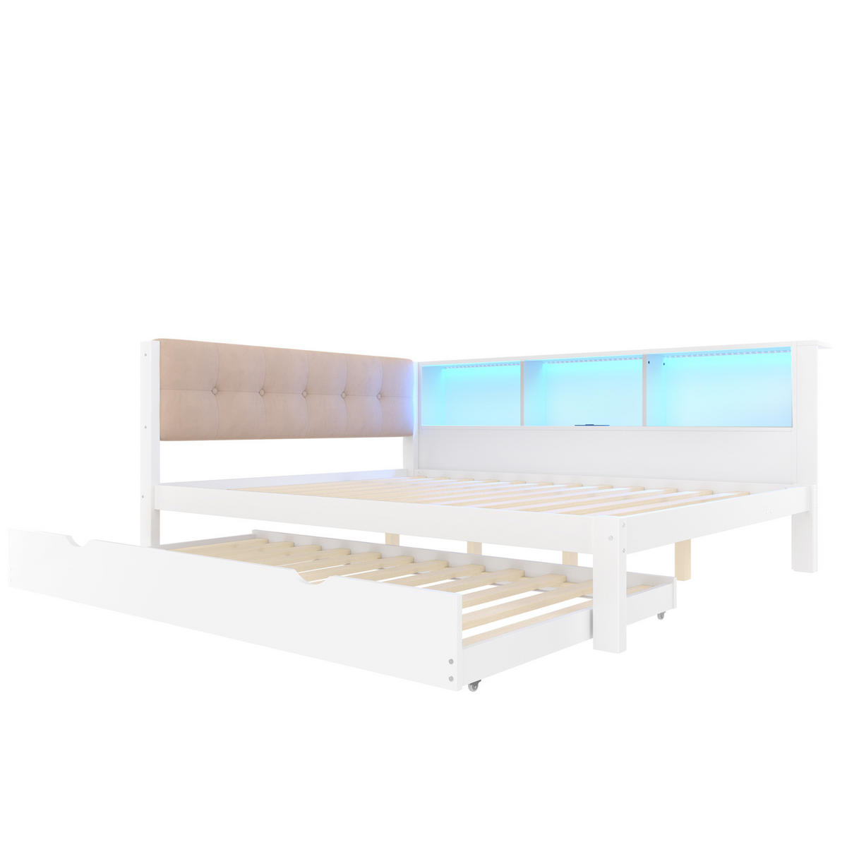KINDERBETT 140/200 cm Weiß mit Ausziehbett, Regal und LED-Beleuchtung - Weiß, Holz (140/200cm) - Flora Grace